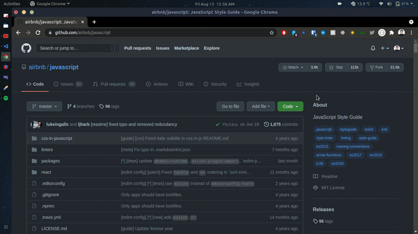 A screencast of a GitHub project redirecting to GitHub Codespaces after pressing the period key.