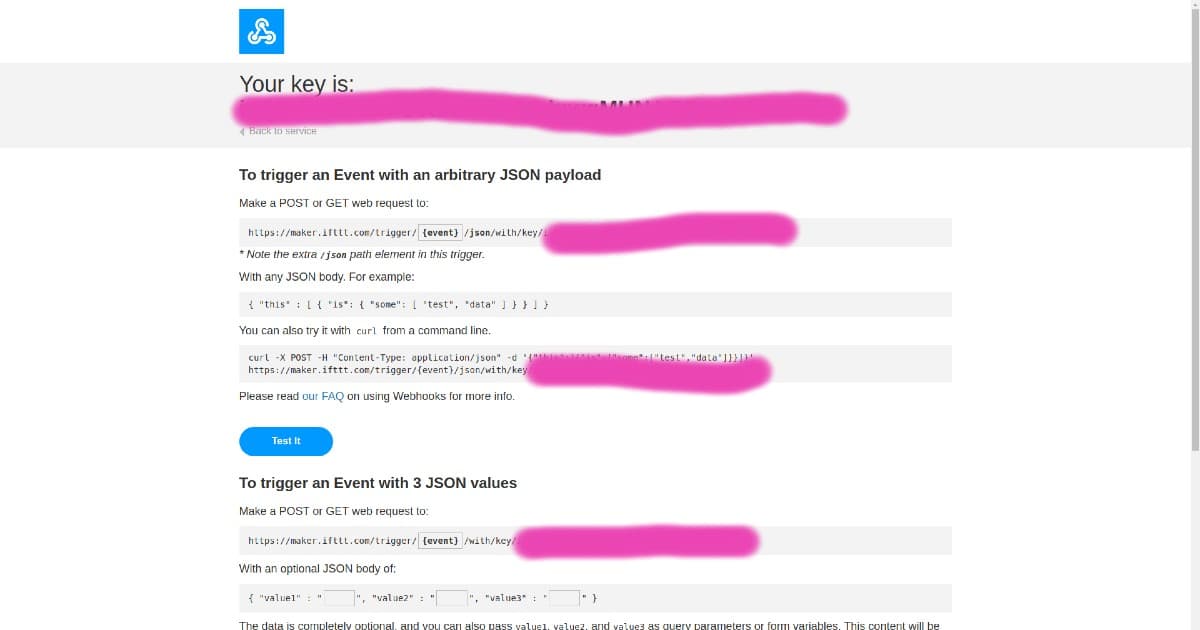 Screenshot of Webhooks API key page on IFTTT