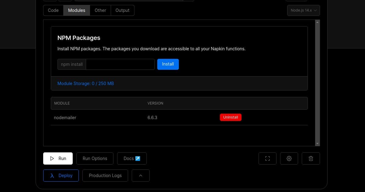 A screenshot of Modules tab of Napkin editor.