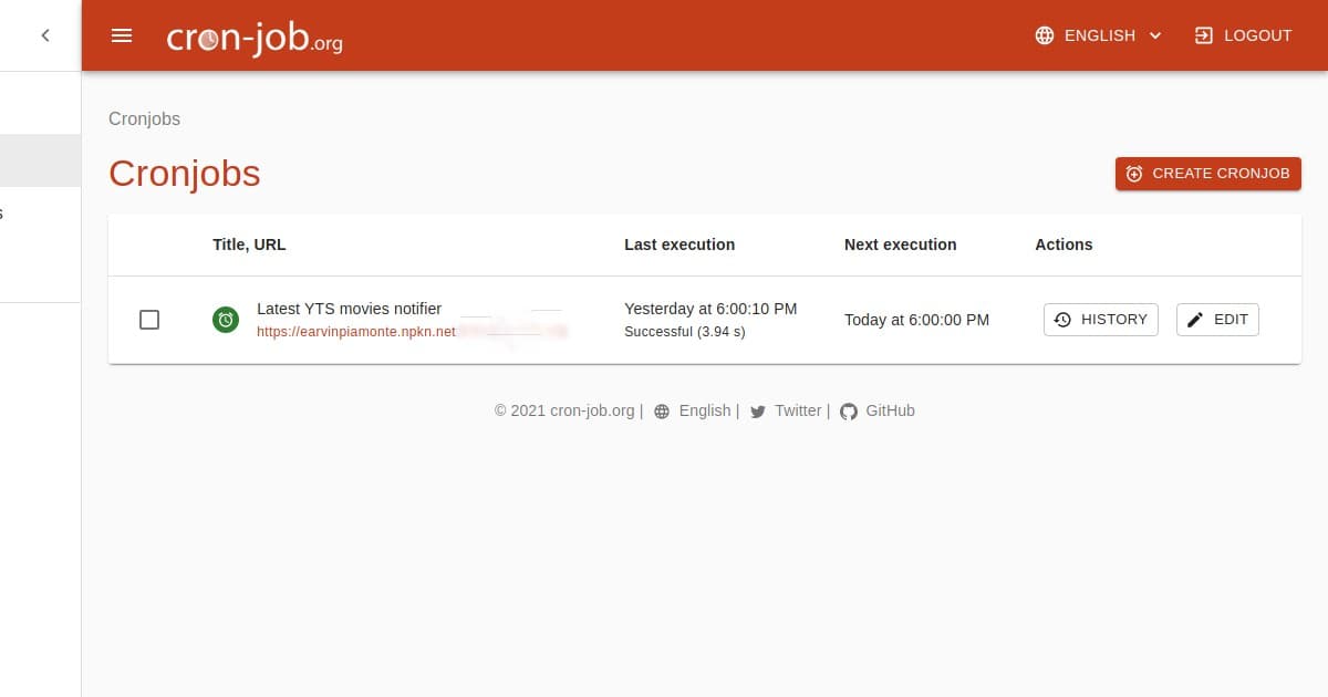A screenshot of the cron job page.