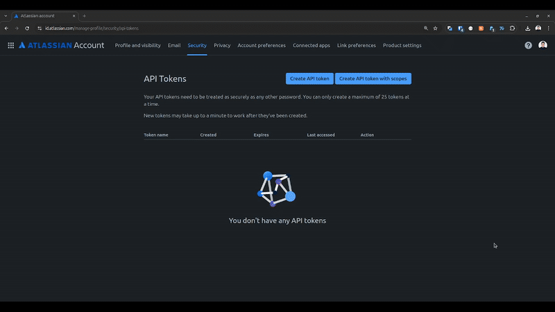 A screencast of API token generation in Atlassian