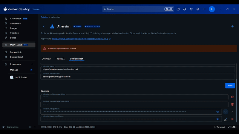 A screencast of adding the Atlassian MCP server in MCP Toolkit in Docker desktop, part2