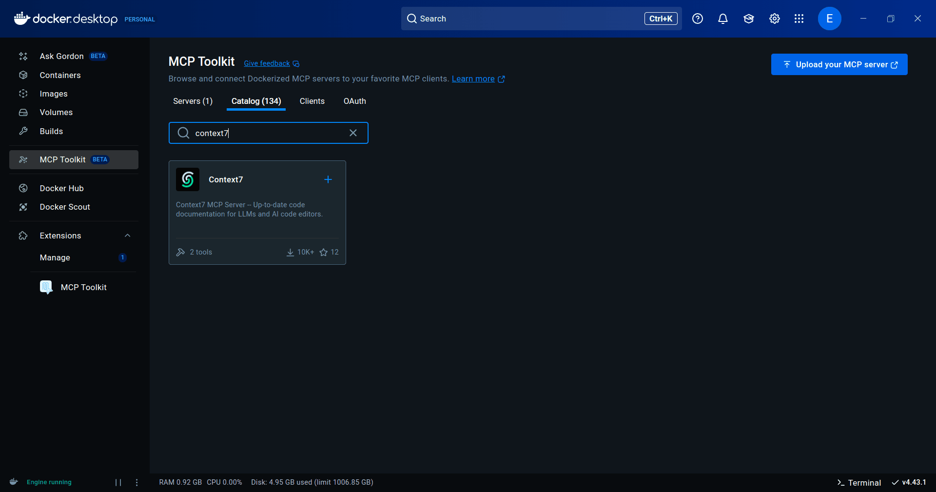 A screenshot of context7 in Docker MCP Toolkit