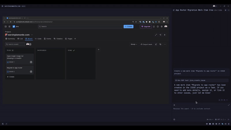 A screencast of using the Atlassian MCP server in Zed to create a Jira work item
