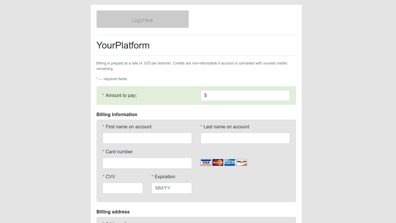 Screenshot of Payment web page with Authorize.net