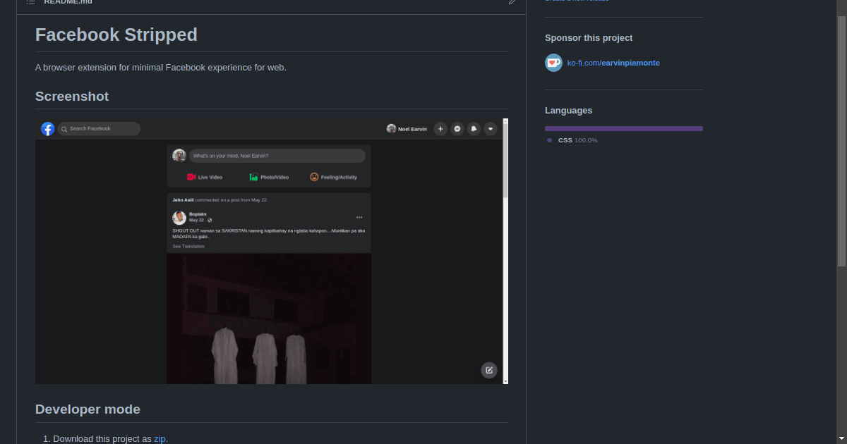 Screenshot of Facebook Stripped