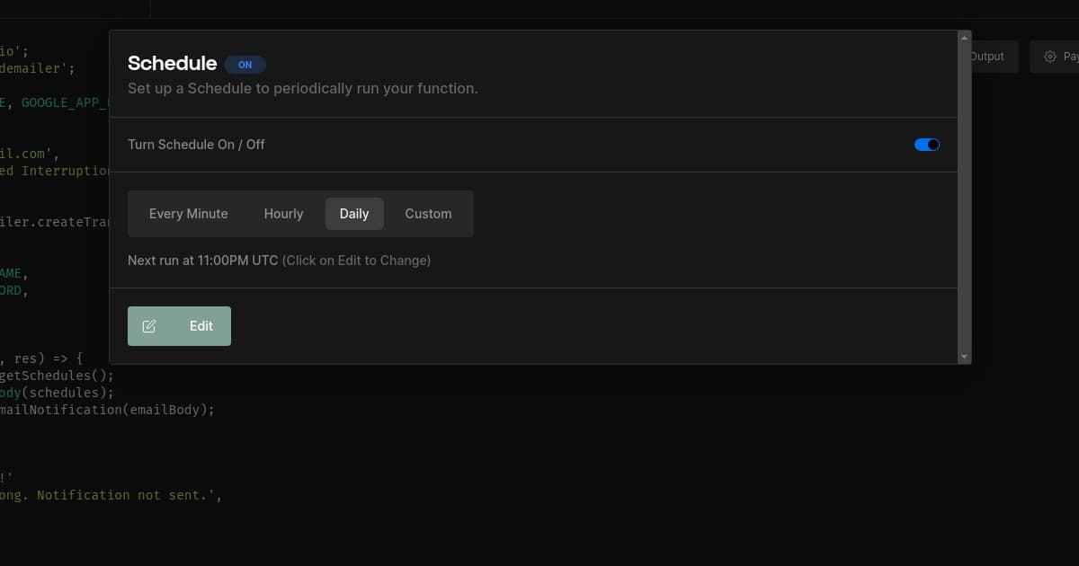Screenshot of Schedule modal dialog on the workspace